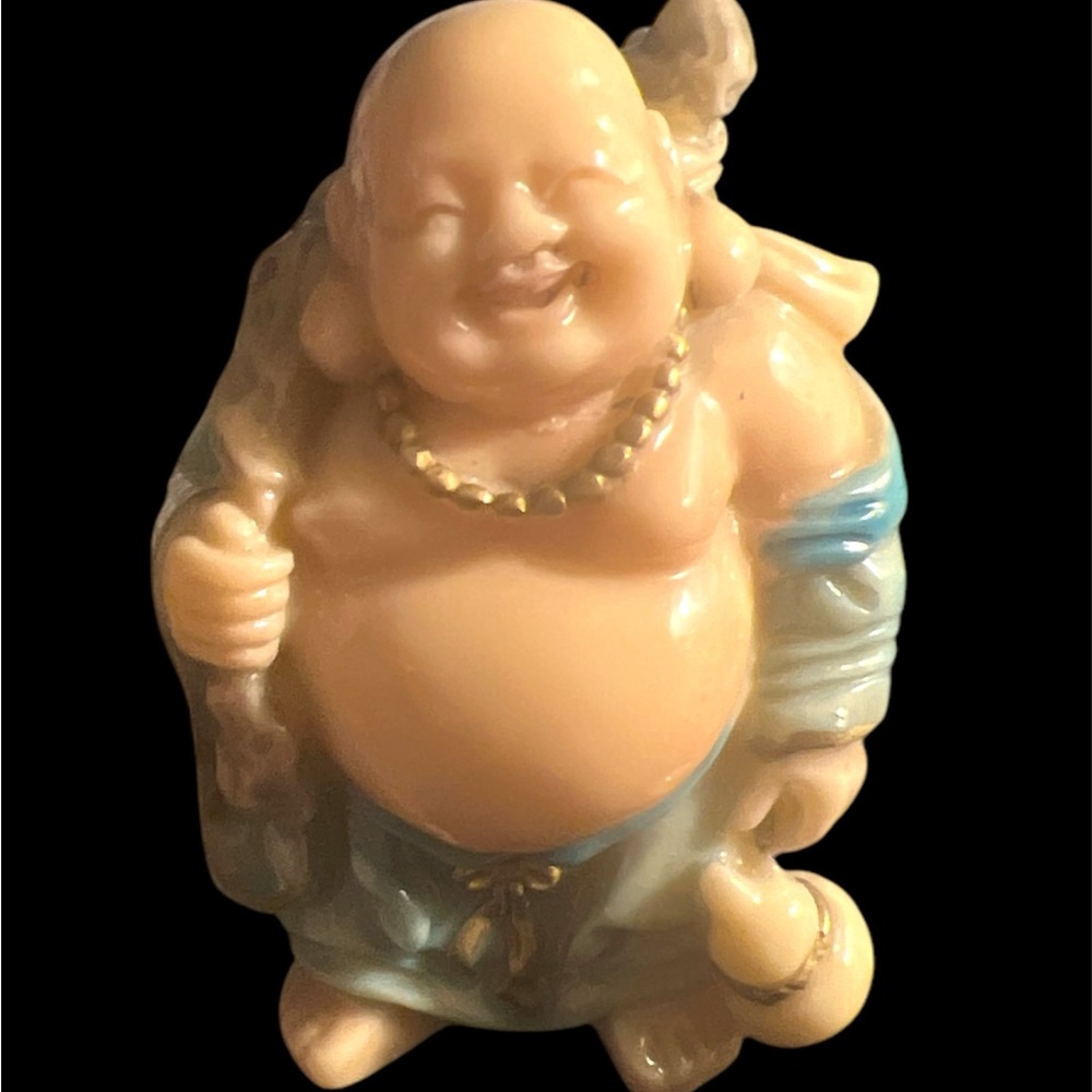 Smiling Buddha Figurine in Cream and green and blue 3” White Jade carving
